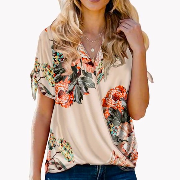 Tops - surplice front chrysanthemum print split tie sleev